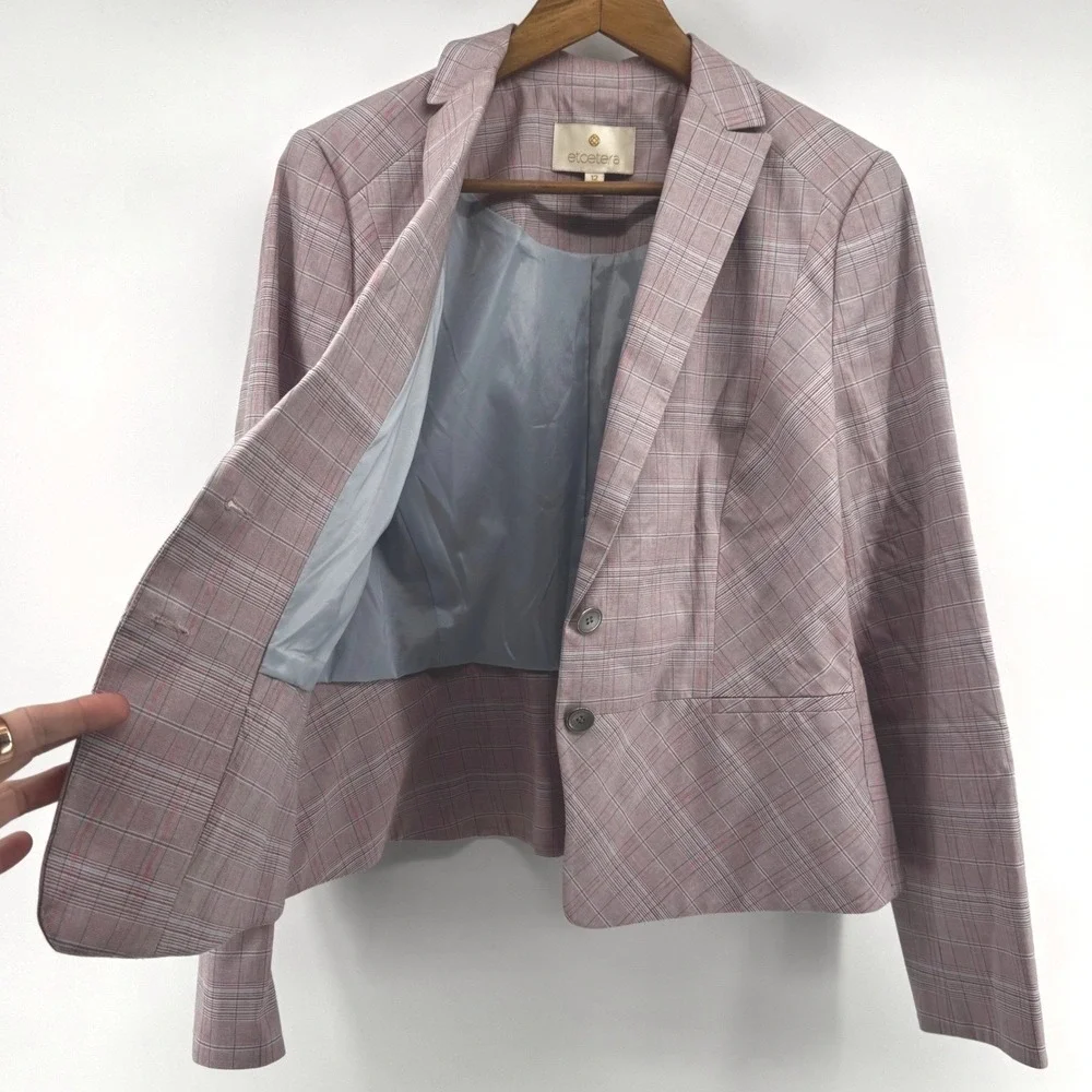Etcetera Plaid Cotton Blazer Women's 12 Pink Blue Tailored Stretch Career Office